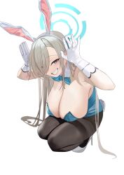 Rule 34 | 1girl, absurdres, animal ears, asuna (blue archive), asuna (bunny) (blue archive), black pantyhose, blue archive, blue eyes, blue halo, blue leotard, blush, breasts, commentary, detached collar, fake animal ears, full body, gloves, grin, hair over one eye, halo, highres, huge breasts, leotard, light brown hair, long hair, looking at viewer, official alternate costume, pantyhose, rabbit ears, simple background, smile, solo, strapless, strapless leotard, tnr (horiko1525), w, white gloves