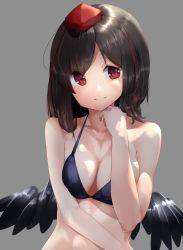 Rule 34 | 1girl, bare shoulders, bikini, bikini top only, black hair, black wings, breasts, cleavage, grey background, hand on own chin, highres, looking at viewer, md5 mismatch, medium breasts, red eyes, resolution mismatch, shameimaru aya, short hair, simple background, smile, solo, source smaller, swimsuit, touhou, wings, yusake san