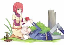 Rule 34 | 1boy, 1girl, akagami no shirayukihime, ankle boots, blue eyes, blue footwear, bob cut, book, boots, bottle, brown footwear, bush, closed mouth, flower, full body, grass, green eyes, grey hair, grey pants, holding, holding flower, kenkaizar, lap pillow, layered sleeves, long sleeves, lying, on back, on ground, pants, red flower, red hair, red rose, rose, seiza, shirayuki (akagami no shirayukihime), shirt, short hair, short over long sleeves, short sleeves, sitting, skirt, smile, white background, zen wistalia