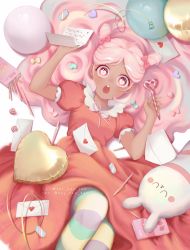 Rule 34 | 1girl, balloon, bow, candy, chestnut mouth, cookie run, cotton candy cookie, dark-skinned female, dark skin, double bun, dress, food, frills, hair bow, hair bun, hair ornament, heart, heart-shaped pupils, heart balloon, heart hair ornament, highres, holding, holding letter, holding pen, instagram username, kay tee kat, knees up, letter, long dress, long hair, looking at viewer, lying, nail polish, on back, open mouth, pantyhose, parted bangs, pen, pink eyes, pink hair, pocky, puffy short sleeves, puffy sleeves, ribbon, short sleeves, solo, striped clothes, striped legwear, striped pantyhose, stuffed animal, stuffed rabbit, stuffed toy, symbol-shaped pupils, twitter username, very long hair