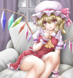 Rule 34 | 1girl, akino irori, arm support, asymmetrical hair, asymmetrical wings, blonde hair, dress, flandre scarlet, hat, highres, looking at viewer, mob cap, open mouth, red dress, red eyes, short dress, short hair, side ponytail, sitting, solo, thighs, touhou, wings, wrist cuffs