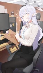 Rule 34 | 1girl, black hairband, black pantyhose, black skirt, blue archive, closed mouth, collared shirt, crossed legs, feet out of frame, fingernails, hairband, halo, highres, himari (blue archive), id card, indoors, keyboard (computer), light smile, long hair, long sleeves, looking at viewer, mole, mole under eye, monitor, nail polish, pantyhose, pencil skirt, pointy ears, purple eyes, purple halo, purple nails, shirt, skirt, solo, sparkle, striped clothes, striped hairband, swivel chair, white hair, white shirt, zanya 000