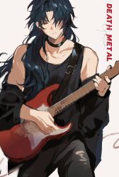 Rule 34 | 1boy, black hair, black pants, black shirt, blade (honkai: star rail), closed mouth, cowboy shot, d-aprken, electric guitar, english text, guitar, highres, holding, holding guitar, holding instrument, honkai: star rail, honkai (series), instrument, jacket, jacket partially removed, long hair, male focus, pants, red eyes, shirt, simple background, solo, standing, tank top, white background