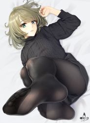 Rule 34 | 1girl, aran sweater, artist logo, artist name, black pantyhose, black sweater, blue eyes, cable knit, crotch seam, dress, feet, feet up, fine fabric emphasis, from above, green eyes, green hair, heterochromia, highres, idolmaster, idolmaster cinderella girls, infinote, lips, long sleeves, looking at viewer, lying, mole, mole under eye, no pants, no shoes, on back, panties, panties under pantyhose, pantyhose, pantyshot, parted lips, perspective, short hair, smile, solo, sweater, sweater dress, takagaki kaede, turtleneck, turtleneck sweater, underwear, white panties