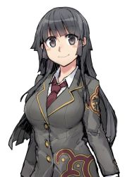 Rule 34 | 1girl, black eyes, black hair, blush, breasts, buttons, collared shirt, goshiki, large breasts, long hair, long sleeves, looking at viewer, protagonist 2 (housamo), necktie, school uniform, shirt, simple background, smile, solo, tokyo houkago summoners, upper body, whblack eyes, white background, white shirt