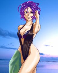 Rule 34 | 1girl, bad id, bad pixiv id, blue eyes, breasts, cleavage, miang hawwa, noche chunzi, o-ring, one-piece swimsuit, purple hair, short hair, sketch, solo, swimsuit, towel, wet, xeno (series), xenogears