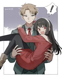 Rule 34 | !, 1boy, 1girl, black hair, black pantyhose, blonde hair, blush, border, carrying, carrying person, collared shirt, dango (uni 520), dress, formal, green suit, highres, husband and wife, necktie, open mouth, outline, pantyhose, red dress, red eyes, red necktie, shirt, short hair with long locks, spoken exclamation mark, spy x family, standing, suit, sweatdrop, twilight (spy x family), twitter username, white border, white outline, white shirt, yor briar