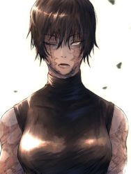 Rule 34 | 1girl, bare shoulders, black hair, blurry, blurry background, eyelashes, gusty10rk, hair between eyes, highres, jujutsu kaisen, leaf, long eyelashes, looking at viewer, lower teeth only, open mouth, pink lips, scar, scar on arm, scar on face, scar on neck, short hair, solo, spoilers, teeth, turtleneck, upper body, wind, yellow eyes, zen&#039;in maki, zenin maki