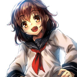 Rule 34 | 10s, 1girl, :d, bad id, bad pixiv id, brown hair, hair ornament, hairclip, hands on own hips, highres, ikazuchi (kancolle), kantai collection, looking at viewer, open mouth, redcomet, school uniform, serafuku, short hair, smile, solo