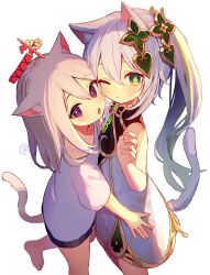 Rule 34 | 2girls, alternate costume, animal ear fluff, animal ears, artist name, bare shoulders, barefoot, black shorts, blush, cat ears, cat tail, child, chiroron, closed mouth, cross-shaped pupils, dress, genshin impact, green eyes, green hair, grey hair, hair between eyes, hair ornament, halo, hand up, heart, heart hair ornament, highres, leg up, long hair, looking at viewer, multicolored hair, multiple girls, nahida (genshin impact), one eye closed, open mouth, paimon (genshin impact), ponytail, purple eyes, shirt, short hair, short sleeves, shorts, side ponytail, simple background, sleeveless, sleeveless dress, standing, standing on one leg, symbol-shaped pupils, t-shirt, tail, two-tone hair, white background, white dress, white shirt