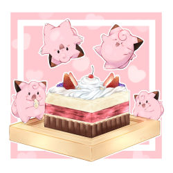 Rule 34 | &gt; &lt;, animal focus, black eyes, blank eyes, blueberry, blush stickers, border, cake, cherry, claws, clefairy, cream, creatures (company), crumbs, eating, closed eyes, fangs, food, food focus, food on face, fruit, full body, game freak, gen 1 pokemon, happy, heart, heart background, highres, holding, holding food, ka ei volltis, looking at viewer, nintendo, no humans, open mouth, outline, pink background, pokemon, pokemon (creature), smile, standing, strawberry, upside-down, white border, white outline