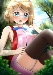 Rule 34 | 1girl, :o, absurdres, adjusting clothes, adjusting legwear, bare arms, blonde hair, blue eyes, blue ribbon, blurry, blush, breasts, brown thighhighs, cloud, commentary request, creatures (company), day, dress, eyelashes, game freak, hand up, highres, hikari (knuckles97), looking down, medium breasts, neck ribbon, nintendo, open mouth, outdoors, pink dress, pokemon, pokemon (anime), pokemon xy (anime), ribbon, serena (pokemon), short hair, sitting, sky, solo, thighhighs, thighs, tree