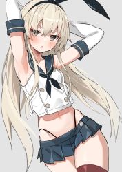 Rule 34 | 1girl, animal ears, armpits, arms behind head, arms up, bare shoulders, blonde hair, blue skirt, breasts, brown eyes, cowboy shot, crop top, crop top overhang, elbow gloves, fake animal ears, gloves, grey background, hairband, highres, kantai collection, long hair, looking at viewer, microskirt, midriff, navel, neckerchief, open mouth, pleated skirt, red thighhighs, revealing clothes, sailor collar, school uniform, serafuku, shimakaze (kancolle), shirt, simple background, skirt, sleeveless, sleeveless shirt, small breasts, solo, stomach, takanashi kei (hitsujikan), thighhighs, thighs, thong, v-shaped eyebrows, white shirt, zettai ryouiki