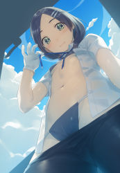 Rule 34 | 1girl, bikini, blue bikini, blue ribbon, blue sky, blush, breasts, closed mouth, cloud, commentary request, day, from below, gloves, green eyes, hair ornament, hairclip, heibonkaeru, highres, kantai collection, kuroshio (kancolle), light smile, long hair, looking at viewer, open clothes, open shirt, outdoors, ribbon, shirt, sky, small breasts, smile, solo, sweat, swimsuit, white gloves, white shirt