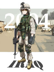 Rule 34 | 1girl, absurdres, assault rifle, body armor, boots, camouflage, cross-laced footwear, desert camouflage, gun, highres, hunk03, interceptor multi-threat body armor system, iraq war, knee pads, lace-up boots, m16, m16a2, military, motor vehicle, original, pickup truck, rifle, soldier, tactical clothes, truck, united states marine corps, weapon