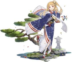 Rule 34 | 1girl, azur lane, blonde hair, blush, cleveland (azur lane), cleveland (new year&#039;s challenge!) (azur lane), full body, hao (patinnko), highres, japanese clothes, kimono, long hair, looking at viewer, official alternate costume, official art, one side up, open mouth, red eyes, smile, solo, transparent background
