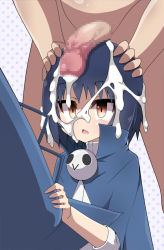 Rule 34 | 10s, 1boy, 1girl, bad id, bad pixiv id, blue hair, brown eyes, censored, clothed female nude male, cum, cum on hair, facial, hat, highres, hiren, maji moji rurumo, mosaic censoring, multitasking, nude, open mouth, penis, penis on head, polka dot, polka dot background, rurumo, short hair, solo focus, witch, witch hat