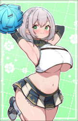 Rule 34 | 1girl, adapted costume, armpits, arms up, blush, braid, breasts, cheerleader, commentary request, french braid, green background, green eyes, grey hair, highres, hololive, kani bonara, large breasts, looking at viewer, microskirt, navel, pleated skirt, pom pom (cheerleading), shirogane noel, shirogane noel (1st costume), short hair, skirt, smile, solo, stomach, underboob, virtual youtuber