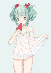 Rule 34 | 1girl, bikini, eating, food, green eyes, green hair, hatsune miku, matching hair/eyes, mochitsuki kagami, navel, popsicle, see-through, simple background, solo, strap slip, swimsuit, tan, tanline, vocaloid, watermelon bar