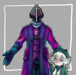 Rule 34 | 1boy, 1girl, absurdres, alternate color, bondrewd, gloves, green gloves, green hat, grey background, hat, helmet, highres, jacket, long sleeves, looking at viewer, made in abyss, parted lips, prushka, red eyes, short hair, standing, sweatdrop, usuki (usukine1go), whistle, white hair, wide-eyed