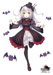Rule 34 | 1girl, bat (animal), black pantyhose, blush, bow, dated, dress, full body, gothic lolita, grand harem, hat, lolita fashion, long hair, long sleeves, looking at viewer, mary janes, official art, open mouth, original, pantyhose, pokachu, shoes, silver hair, simple background, smile, solo, top hat, twintails, white background, yellow eyes