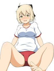 Rule 34 | 1girl, :d, absurdres, ahoge, bare legs, barefoot, black bow, blush, bow, breasts, buruma, cameltoe, commentary request, fate/grand order, fate (series), gym shirt, gym uniform, hair between eyes, hair bow, highres, koha-ace, light brown hair, looking at viewer, medium breasts, mitiru ccc2, nose blush, okita souji (fate), okita souji (koha-ace), open mouth, red buruma, shiny skin, shirt, short sleeves, simple background, sitting, smile, solo, white background, white shirt, yellow eyes