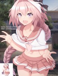 Rule 34 | 1boy, animated, animated gif, artist name, astolfo (fate), astolfo (sailor paladin) (fate), blinking, braid, braided ponytail, clothes lift, commentary, demise-sama, deviantart username, english commentary, eyebrows hidden by hair, fang, fate/apocrypha, fate/grand order, fate (series), glowing, glowing eyes, heart, legs together, mku, official alternate costume, open mouth, outdoors, pink hair, purple eyes, reference inset, school uniform, serafuku, single braid, skin fang, thighhighs, trap