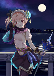 Rule 34 | 1girl, :d, absurdres, atelier (series), atelier lydie &amp; suelle, black gloves, blush, breasts, building, full moon, gloves, hairband, head tilt, highres, holding, holding staff, juujuu, looking at viewer, lydie marlen, medium breasts, moon, night, open mouth, outdoors, pink eyes, pink hair, railing, side ponytail, skirt, smile, solo, staff, standing, thighhighs, water