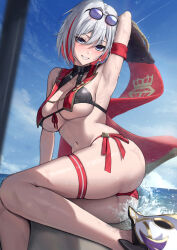 Rule 34 | 1girl, absurdres, arm behind head, arm up, armband, armpits, ass, bakemonsou, bare shoulders, bikini, black bikini, blue eyes, blue sky, blush, breasts, cameltoe, cape, cleavage, commentary request, eyewear on head, grin, hair between eyes, highres, honkai: star rail, honkai (series), huge ass, large breasts, looking at viewer, medium hair, midriff, navel, numby (honkai: star rail), red cape, red hair, red ribbon, ribbon, sideboob, sitting, sky, smile, splashing, stretching, sweat, swimsuit, thick thighs, thigh strap, thighs, topaz (honkai: star rail), trotter (honkai: star rail), underboob, water, white hair, wide hips
