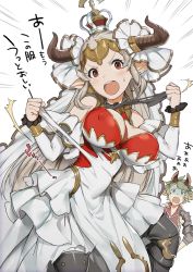 Rule 34 | 10s, 1boy, 1girl, aliza (granblue fantasy), bad id, bad twitter id, blush, breasts, cleavage cutout, clothing cutout, covered erect nipples, crown, draph, dress, earrings, erune, granblue fantasy, horns, jewelry, large breasts, long hair, mikurou (nayuta), red eyes, silver hair, simple background, stan (granblue fantasy), tearing clothes, torn clothes, torn dress, translation request, white background