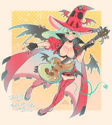 Rule 34 | 1girl, 2021, :d, black choker, black gloves, boots, breasts, choker, cleavage, commission, cosplay, fingerless gloves, full body, gloves, green eyes, green hair, guilty gear, guilty gear strive, guitar, hat, highres, holding, holding instrument, i-no, i-no (cosplay), instrument, jacket, large breasts, long hair, looking at viewer, low wings, matching hair/eyes, midriff, morrigan aensland, nail polish, open mouth, outline, popped collar, reaching, reaching towards viewer, red footwear, red hat, red jacket, red nails, red shorts, short sleeves, shorts, smile, solo, thigh boots, thighhighs, vampire (game), wings, witch hat, yellow background, yumecan2