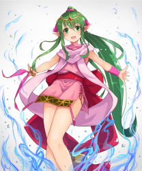 Rule 34 | 1girl, :d, armpits, aura, bare legs, cape, child, dress, fire emblem, fire emblem: mystery of the emblem, fire emblem: new mystery of the emblem, fire emblem: shadow dragon, fire emblem: shadow dragon and the blade of light, green eyes, green hair, hair ornament, hako momiji, highres, jewelry, long hair, nintendo, open mouth, pink dress, pointy ears, ponytail, ribbon, scarf, short dress, side slit, simple background, sleeveless, smile, solo, tiara, tiki (fire emblem), tiki (young) (fire emblem), very long hair