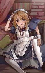 Rule 34 | absurdres, apron, back bow, black shirt, black skirt, blouse, blush, book, book stack, bookshelf, bow, breasts, brown hair, commentary request, duster, frilled apron, frills, hachiya (silica q), hand on own head, highres, idolmaster, idolmaster cinderella girls, indoors, long skirt, looking at viewer, maid, maid apron, maid headdress, medium hair, messy hair, on floor, open mouth, puffy short sleeves, puffy sleeves, purple eyes, red ribbon, ribbon, shirt, short sleeves, skirt, small breasts, smile, solo, sweat, thighhighs, white thighhighs, wrist cuffs, yuuki haru
