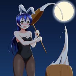 Rule 34 | 1girl, artist name, artist request, bare shoulders, black leotard, blue hair, blue sky, blush, breasts, brown eyes, brown legwear, cloud, collarbone, embarrassed, female focus, full moon, hair between eyes, hammer, highres, holding, holding hammer, leotard, long hair, looking at viewer, love live!, love live! school idol project, moon, night, night sky, nose blush, outdoors, parted lips, playboy bunny, rabbit ears, sky, smile, solo, sonoda umi, yellow eyes