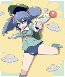 Rule 34 | 1girl, backpack, bag, blue eyes, blue hair, dual wielding, energy gun, female focus, hair bobbles, hair ornament, hat, highres, holding, kawashiro nitori, matching hair/eyes, one-piece swimsuit, open mouth, randoseru, school swimsuit, shirt, solo, swimsuit, swimsuit under clothes, touhou, tsukigi, twintails, two side up, ufo, weapon