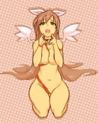 Rule 34 | 1girl, animal ears, breasts squeezed together, breasts, brown hair, rabbit ears, green eyes, halftone, halftone background, highres, long hair, naked ribbon, noname (nowhere), open mouth, original, ribbon, rumi (netyhobby), seiza, sitting, solo, very long hair, wings