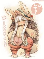 Rule 34 | 10s, animal ears, artist request, brown eyes, colored eyelashes, dated, eyelashes, full body, furry, grey hair, legs apart, made in abyss, nanachi (made in abyss), rabbit, rabbit ears, rabbit girl, solo, standing, stomach, whiskers
