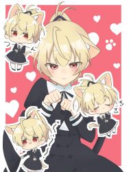 Rule 34 | 1girl, 1other, ahoge, andou tazusa, animal ear fluff, animal ears, assault lily, black footwear, black ribbon, black skirt, blonde hair, blush, border, cat ears, cat girl, cat tail, chibi, closed mouth, clothes grab, commentary request, cropped jacket, crossed arms, extra ears, closed eyes, flying sweatdrops, hair ribbon, hand on own chin, hand on own stomach, hands up, heart, heart background, high-waist skirt, high ponytail, highres, imu (2011imuru), juliet sleeves, kemonomimi mode, long sleeves, looking at another, looking at viewer, miniskirt, multiple views, neck ribbon, no pupils, nose blush, out of frame, outline, outside border, outstretched arm, paw pose, paw print, paw print background, ponytail, puffy sleeves, purple ribbon, raised eyebrows, red background, red eyes, ribbon, school uniform, shirt, shoes, short hair, skirt, sleeve grab, smirk, solo focus, standing, tail, thighhighs, translation request, two-tone ribbon, upper body, white border, white outline, white shirt, white thighhighs, yurigaoka girls academy school uniform, zettai ryouiki