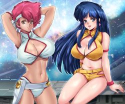 Rule 34 | 2girls, armpits, arms behind head, arms up, artist name, bare shoulders, belt, blue eyes, blue hair, blush, bracelet, breasts, brown eyes, cleavage, cleavage cutout, closed mouth, clothing cutout, commentary request, dark-skinned female, dark skin, dirty pair, earrings, headband, jewelry, kei (dirty pair), large breasts, long hair, midriff, multiple girls, navel, open mouth, oyaman, red hair, short hair, sidelocks, simple background, sitting, sleeveless, smile, stomach, thighs, yuri (dirty pair)