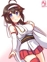 Rule 34 | 1girl, ahoge, artist logo, black hair, blue eyes, braid, breasts, commentary request, cosplay, cowboy shot, dated, detached sleeves, fusou (kancolle), fusou (kancolle) (cosplay), hair flaps, hair over shoulder, headband, kanon (kurogane knights), kantai collection, long hair, looking at viewer, medium breasts, one-hour drawing challenge, pleated skirt, red skirt, shigure (kancolle), shigure kai ni (kancolle), simple background, single braid, skirt, solo, white background