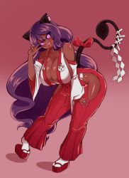 Rule 34 | 1girl, :d, absurdres, animal ears, bare shoulders, bent over, black sclera, blush, bow, breasts, cat ears, cleavage, colored sclera, dark-skinned female, dark skin, demon girl, demon tail, detached sleeves, ear piercing, full body, gradient background, hakama, hakama pants, head tilt, highres, hip vent, huge breasts, japanese clothes, jewelry, leaning forward, long hair, looking at viewer, masked agent, miko, nail polish, open mouth, original, pants, piercing, pink background, pink nails, purple eyes, purple hair, ring, shide, shiny skin, simple background, slit pupils, smile, solo, standing, tail, tail bow, tail ornament, v over eye, very long hair