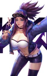Rule 34 | 1girl, absurdres, akali, blue eyes, breasts, cleavage, commission, curvy, highres, k/da (league of legends), k/da akali, large breasts, midriff, navel, pixiv commission, purple hair, solo, v, veins, veiny breasts, zhengwei (nobber)