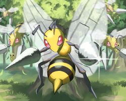 Rule 34 | absurdres, beedrill, blurry, bright pupils, commentary, creatures (company), day, falling leaves, flying, game freak, gen 1 pokemon, glint, grass, highres, jira (ziraiya26), kakuna, leaf, looking at viewer, nintendo, no humans, outdoors, pink eyes, pokemon, pokemon (creature), tree, white pupils