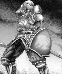 Rule 34 | 1boy, armor, belt, bokkori, breastplate, buckle, cropped, demon&#039;s souls, full armor, greaves, greyscale, helmet, knight, kono saki, ashi ni chuuishiro, majirou (marumaru arumajirou), male focus, marumaru arumajiro, monochrome, non-web source, pants, pauldrons, sheath, shield, shoulder armor, slayer of demons, solo, sword, weapon