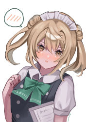 Rule 34 | 1girl, absurdres, adapted costume, alternate costume, bow, bowtie, brown eyes, commentary request, double bun, dress, enmaided, green bow, green bowtie, hair bun, highres, kantai collection, light brown hair, looking at viewer, maid, maid headdress, michishio (kancolle), pinafore dress, shirt, short sleeves, short twintails, simple background, sleeveless dress, solo, takemochi, twintails, upper body, waitress, white background, white shirt