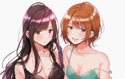 Rule 34 | 2girls, bare shoulders, black bra, blush, bra, breasts, brown eyes, brown hair, cleavage, collarbone, fly (marguerite), green bra, highres, long hair, looking at viewer, multiple girls, open mouth, original, parted lips, purple hair, short hair, simple background, small breasts, smile, strap slip, underwear, white background