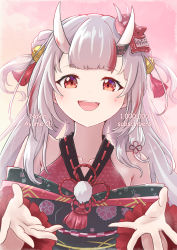 Rule 34 | 1girl, :d, absurdres, bare shoulders, character name, collarbone, commentary request, double bun, grey hair, hair bun, highres, hilamaru, hololive, horns, japanese clothes, kimono, long hair, long sleeves, looking at viewer, mask, mask on head, milestone celebration, multicolored hair, nakiri ayame, nakiri ayame (1st costume), obi, off shoulder, oni, oni mask, open mouth, red eyes, red hair, red kimono, ribbon trim, sash, skin-covered horns, smile, solo, streaked hair, teeth, two side up, upper body, upper teeth only, virtual youtuber