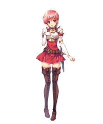 Rule 34 | 1girl, armor, belt, boots, breastplate, brown footwear, brown thighhighs, cross-laced footwear, dress, elbow gloves, est (fire emblem), female focus, fingerless gloves, fire emblem, fire emblem: mystery of the emblem, fire emblem heroes, full body, gloves, hand on own chest, headband, highres, lace-up boots, leather, leather boots, matching hair/eyes, miwabe sakura, nintendo, official art, open mouth, pink eyes, pink hair, pink thighhighs, short dress, short hair, shoulder pads, smile, solo, sword, thigh boots, thighhighs, transparent background, weapon, zettai ryouiki