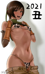 Rule 34 | 1girl, 2021, :d, animal print, artist name, bare shoulders, bikini, blush, breasts, breasts apart, brown hair, brown pants, cameltoe, cleft of venus, clothes lift, clothes pull, commentary request, covered erect nipples, cow print, cowboy shot, detached sleeves, elbow gloves, final fantasy, final fantasy vii, fingerless gloves, forehead protector, gloves, highres, lifted by self, looking at viewer, navel, open fly, open mouth, orange gloves, pants, pants pull, print bikini, sgk, short hair, signature, skindentation, small breasts, smile, solo, stomach, swimsuit, white background, white bikini, yuffie kisaragi