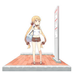 Rule 34 | 1girl, bag, bare arms, bare shoulders, bell, blonde hair, blush, breasts, brown choker, brown footwear, brown shorts, bubble tea, camisole, child, choker, cup, disposable cup, drinking straw, duffel bag, hair between eyes, hair bobbles, hair ornament, hatsunatsu, holding, holding cup, holding strap, long hair, looking away, looking to the side, medium breasts, midriff, navel, neck bell, red eyes, sandals, short shorts, shorts, solo, standing, twintails, very long hair, white background, white camisole, xiaoyuan (you can eat the girl), you can eat the girl